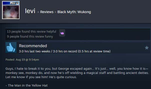 Screenshot of the article titled Dark Legend: Wukong, as reported by Steam Reviews